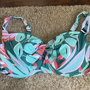 Anne Cole Green and Pink Leaf Print Bikini Top